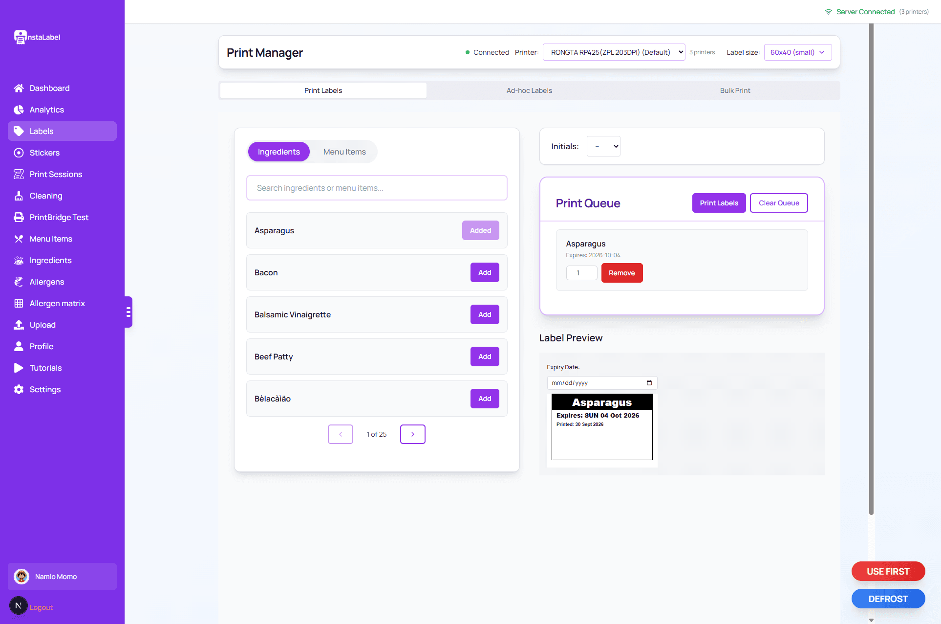 InstaLabel print screen with a label preview