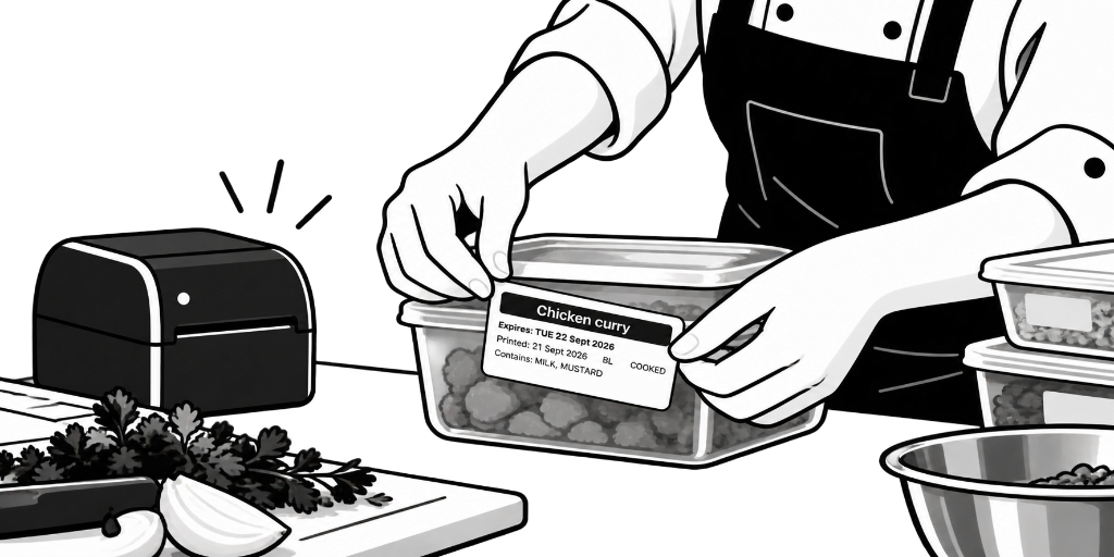 A chef applying a printed chicken curry label to a kitchen container