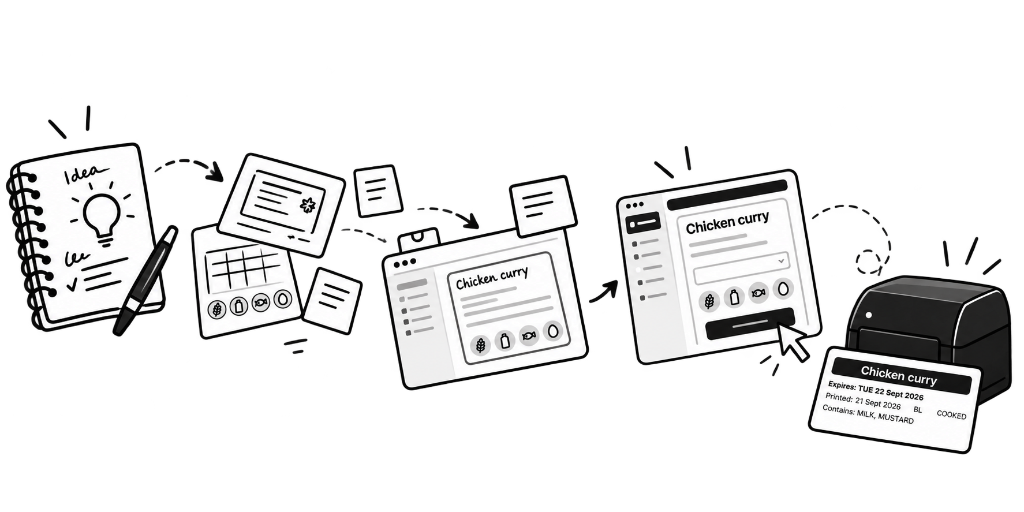 From a notebook idea through screen layouts to a printed label