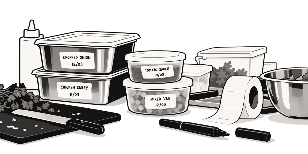 Labelled kitchen containers, a marker and a roll of labels
