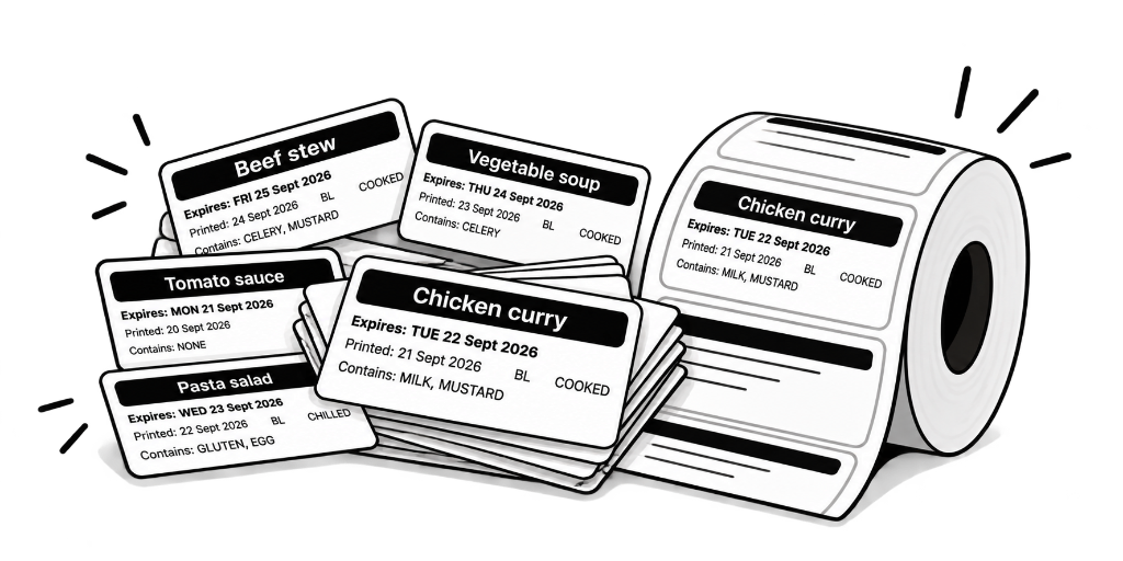 A roll of printed kitchen labels beside loose printed labels