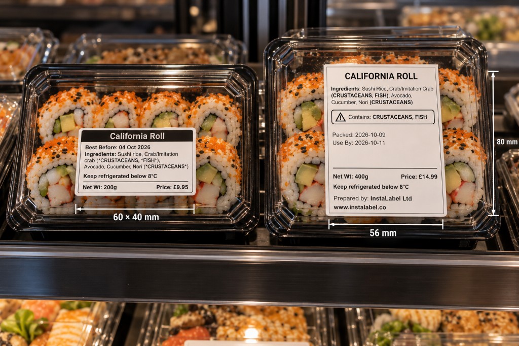 60 by 40 mm and 56 by 80 mm California roll labels side by side