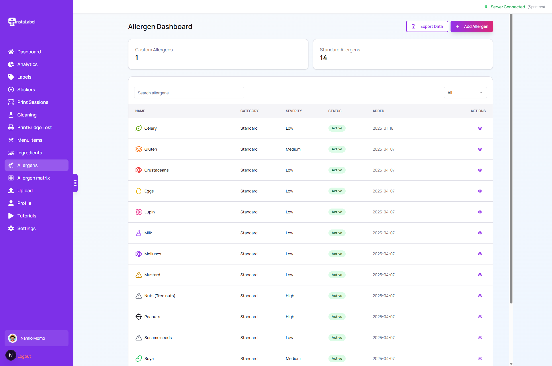 Allergen records in the InstaLabel dashboard