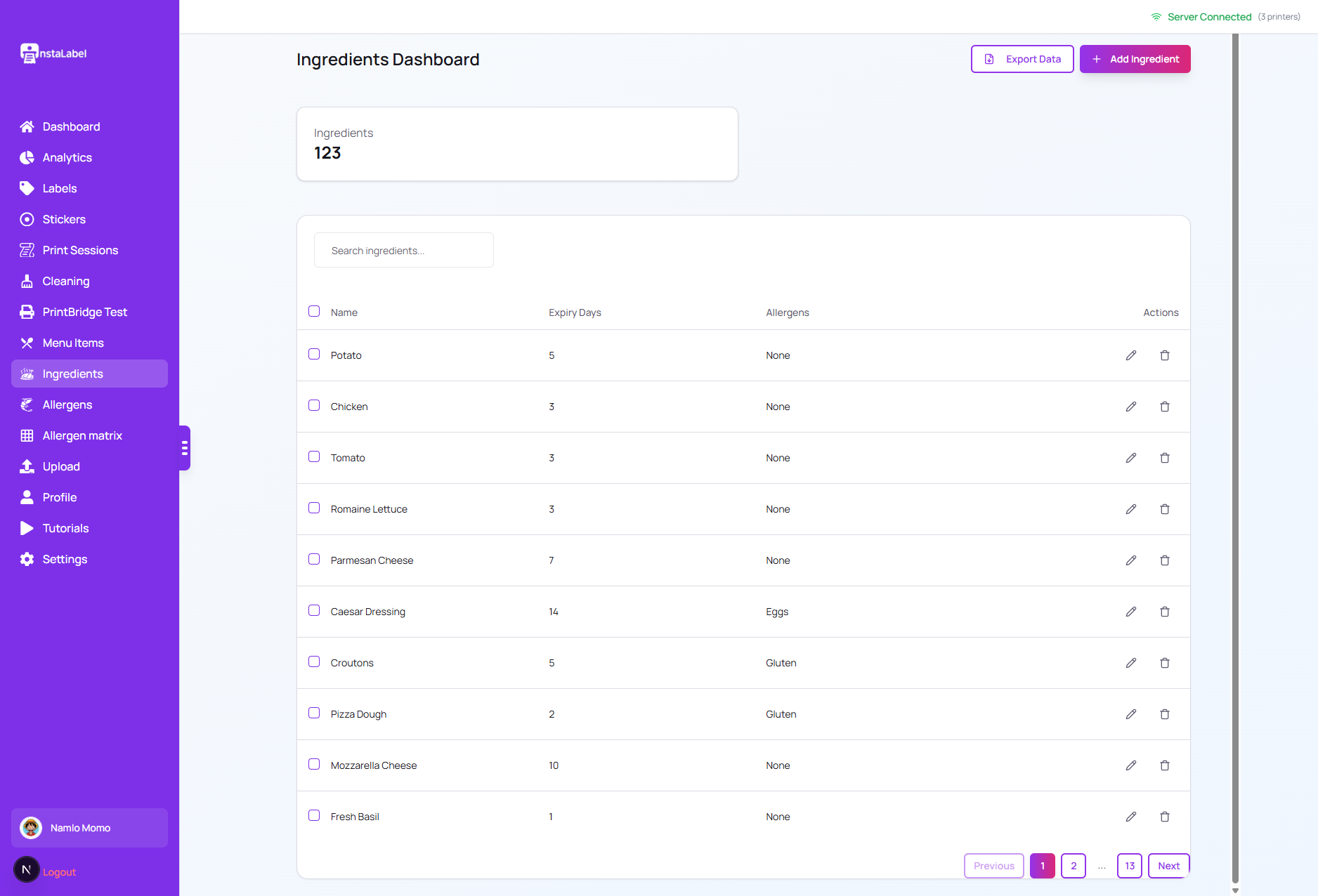 Ingredient records in the InstaLabel dashboard