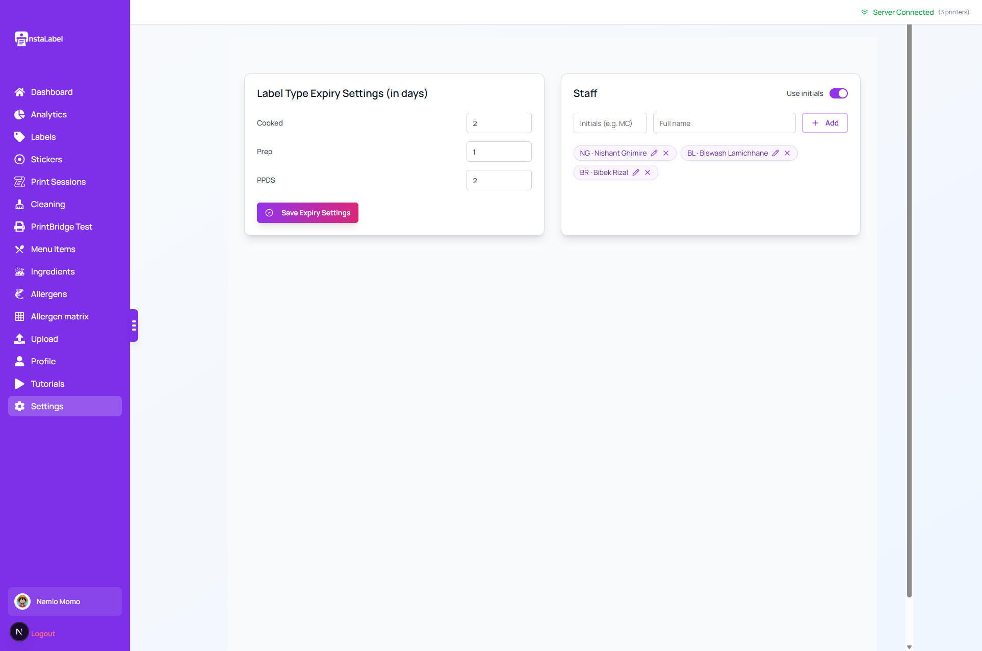 Date settings in the InstaLabel dashboard