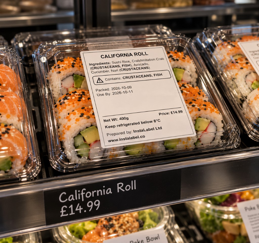 Taller PPDS label on a packed California roll